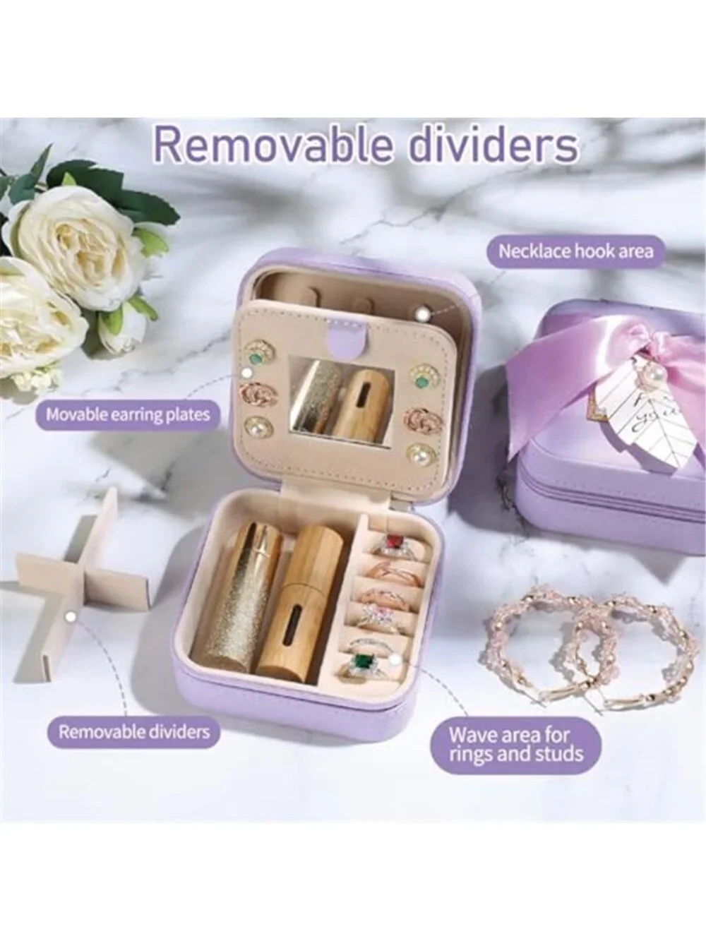 Floral Initial Travel Jewelry Box PU Leather Organizer Case Mirror Gift Women